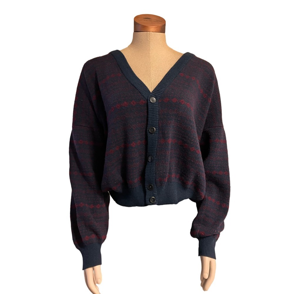 Made in Italy Vintage Wool Blend Cardigan V-Neck Button XL Blue Purple Geometric